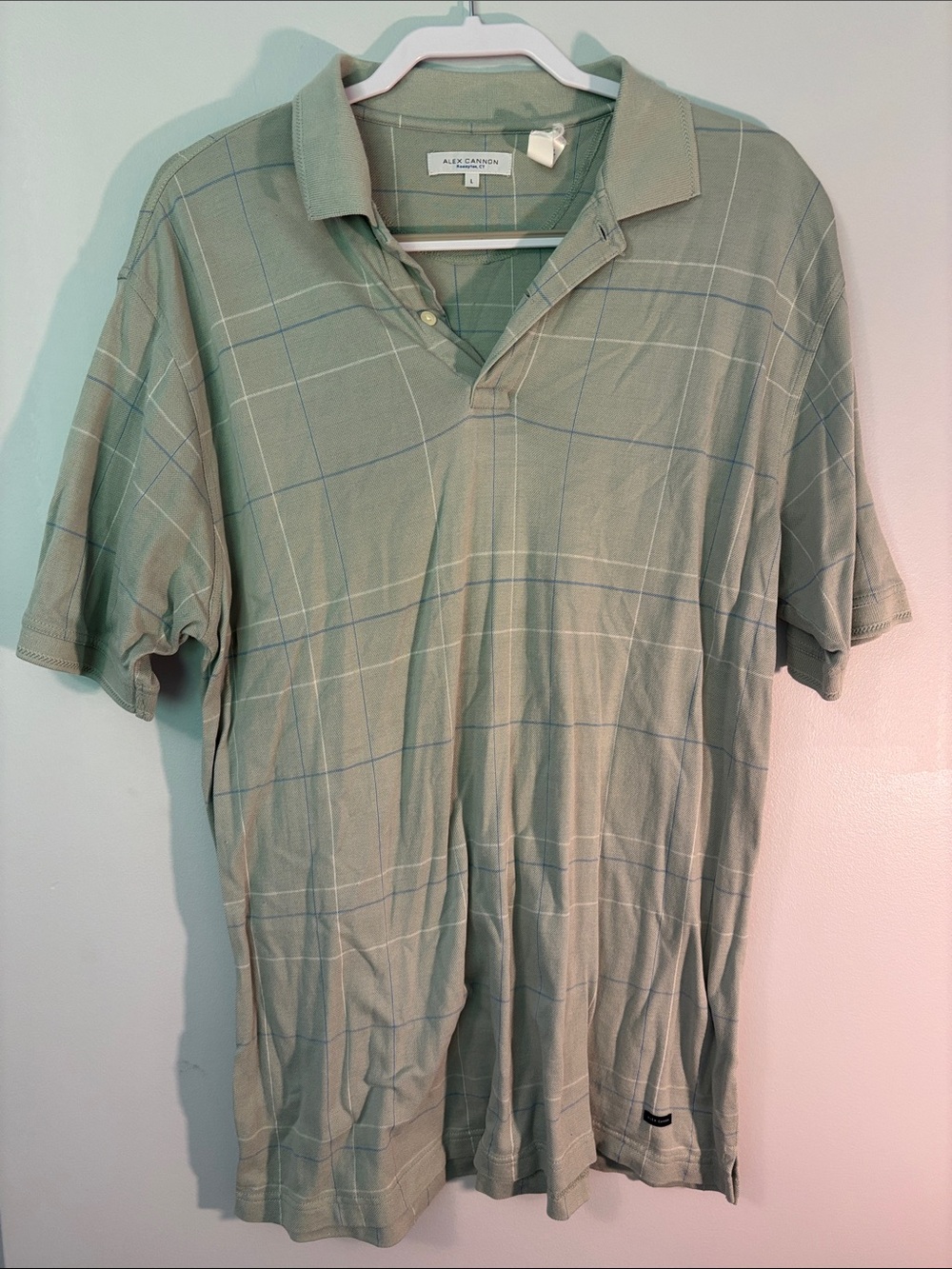 Alex Cannon Men's Sage Green Short Sleeve Polo with Subtle Windowpane